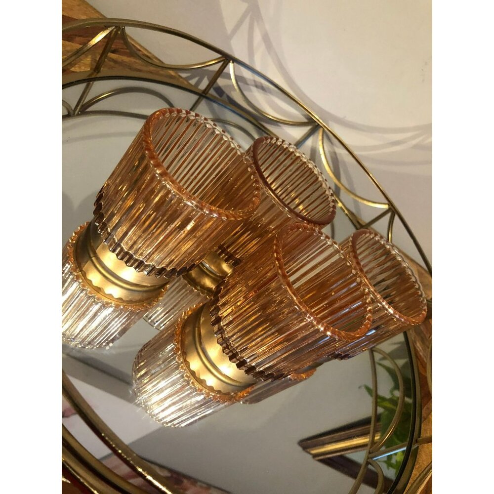 Set of 3 Amber Ribbed Glass Votive Candle Holders Gold Base Mid Century Modern - Picture 3 of 4